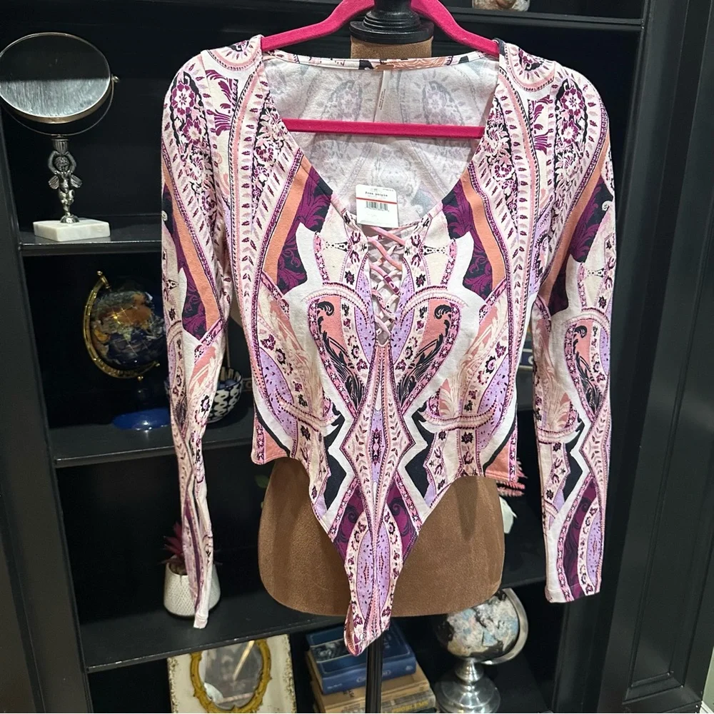 Free People Pick a Place Bodysuit – Size XS – NWT – Paisley Lace-Up Statement